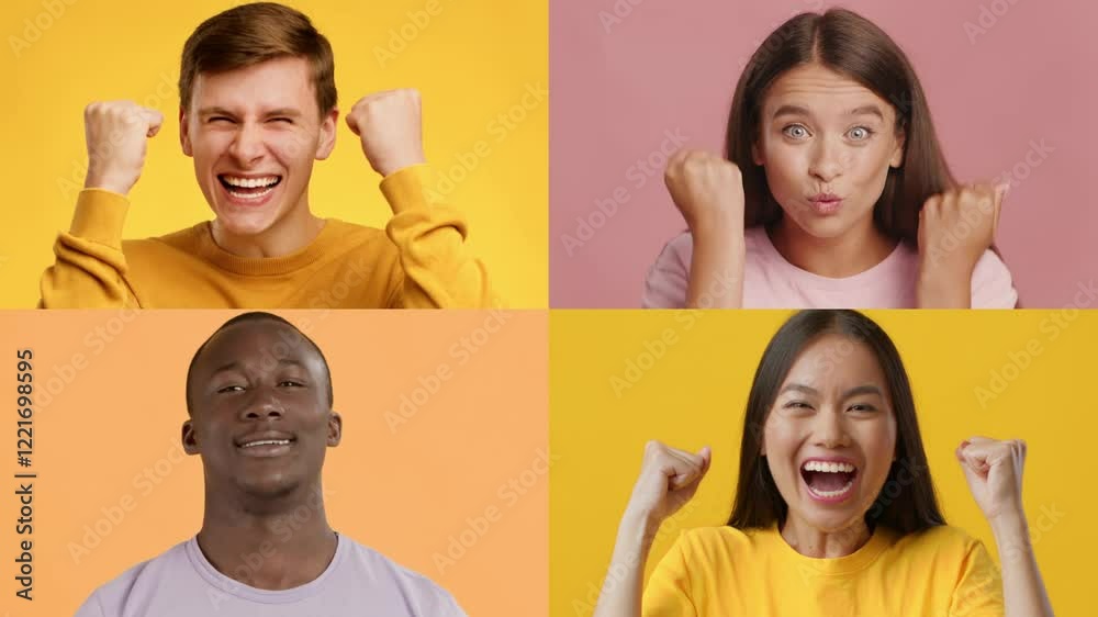 Poster Four individuals display a range of joyful emotions through smiles and triumphant gestures. The vibrant backgrounds enhance their uplifting spirits, showcasing the power of diversity.