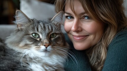 Close-up of a smiling woman with blonde hair petting a grey and white cat on a sofa