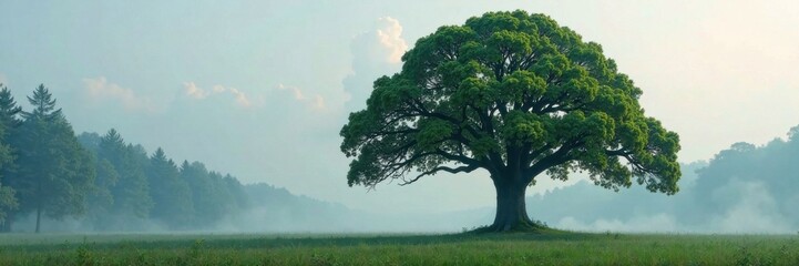 Fototapeta premium Tall majestic oak tree standing alone in a misty forest , mist, solitude