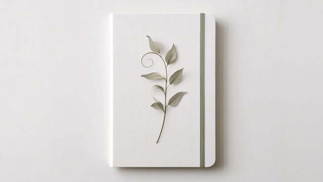White artistic notebook with beautiful botanical watercolor art on cover placed on a smooth white background
