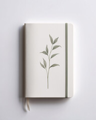 White journal featuring hand painted botanical watercolor painting on the cover placed on a fresh white surface