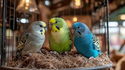 Obraz premium Photo of a blue and green budgie in a cage, with another parakeet sitting on its back, all three birds looking at each other curiously