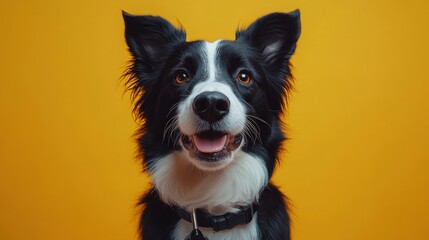 Fototapeta premium Photograph of a black and white border collie with a stethoscope in its mouth, set against a yellow background in a studio setting.