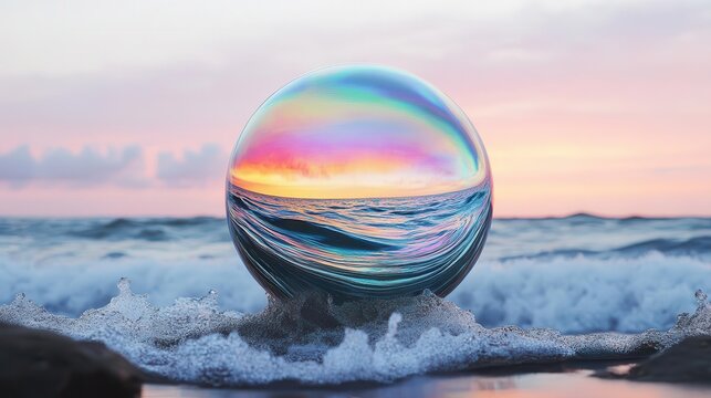 floating 3d gradient sphere morphing into liquid metal iridescent surface catching rainbow light reflections
