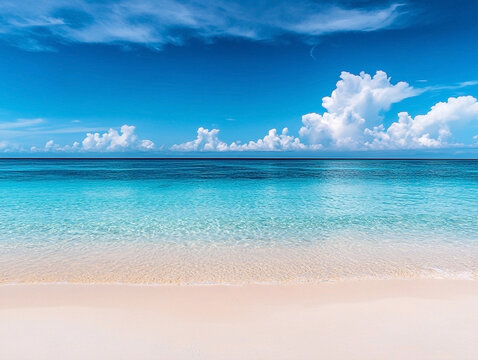 Tropical beach scene with crystal clear turquoise ocean and blue sky with fluffy clouds