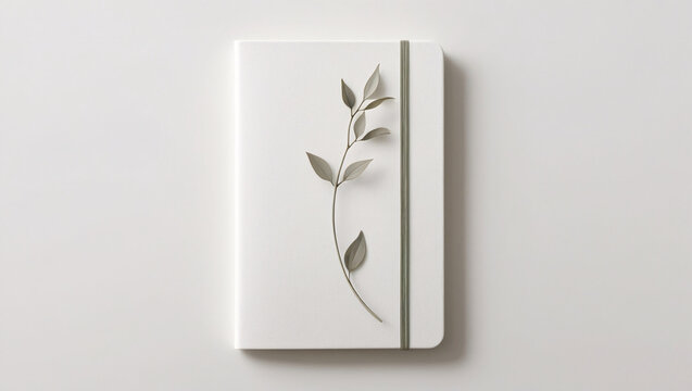 White notebook with original watercolor botanical design on the cover placed on a smooth white surface