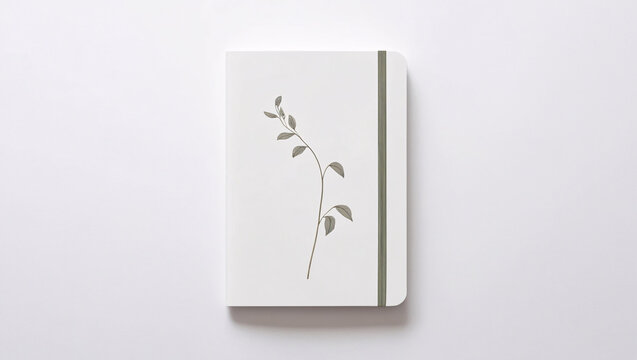 White notebook with stunning watercolor botanical design on cover lying on a bright white background for an elegant touch