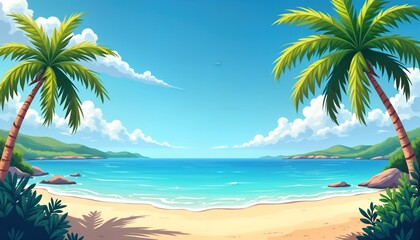 Scenic beach landscape shows calm ocean waves gently lapping on sandy shore. Palm trees stand tall on shore, hills. Sunny day with fluffy clouds in sky. Relaxing vacation scene with clear ocean view.
