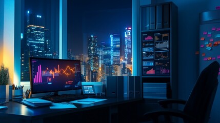 Obraz premium Office workspace at night with city view through the window and data on multiple screens