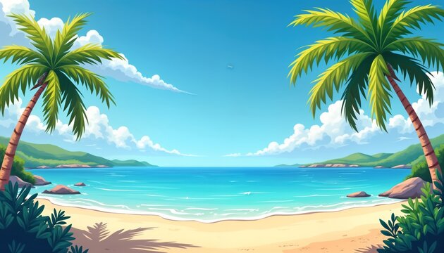 Scenic beach landscape shows calm ocean waves gently lapping on sandy shore. Palm trees stand tall on shore, hills. Sunny day with fluffy clouds in sky. Relaxing vacation scene with clear ocean view.