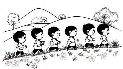 Children Joyfully Running On Green Hillside Under Clear Sky