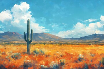 Lonely Cactus in a Vibrant Desert Landscape Under a Bright Blue Sky