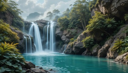 Fototapeta premium Serene Waterfall in Lush Tropical Paradise