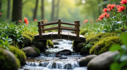 Obraz premium Small bridge over a small stream in the woods