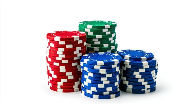 Stacked Poker Chips in Red, Green and Blue Against a White Background - Powered by Adobe
