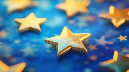 Smooth, polished gold stars, glowing brightly on a vibrant blue background