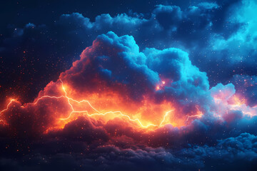 A vibrant digital cloud illuminated by neon lightning bolts, creating a dynamic and futuristic visual concept