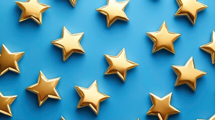 Fototapeta premium Smooth, polished gold stars, glowing brightly on a vibrant blue background