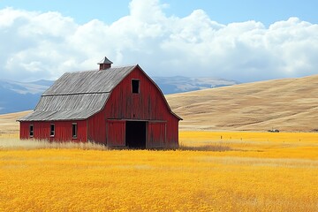 Red Barn in a Golden Field under a Cloudy Sky