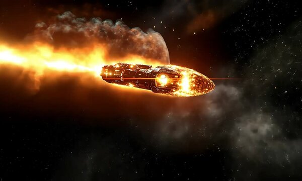 Burning spaceship explodes in space; cosmic background; sci-fi film