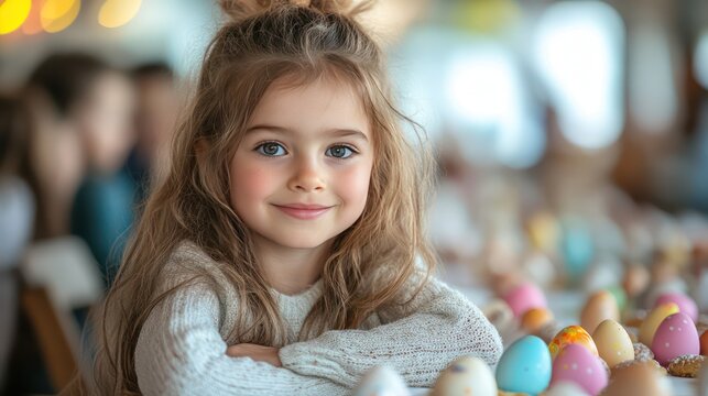 Children sitting at a long table filled with bunny-shaped cookies and colorful egg-painting kits during an Easter festival