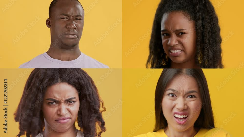 Poster Four individuals display a range of emotions, showcasing diversity in their reactions. Each person has a unique expression, contributing to a vibrant and engaging atmosphere.