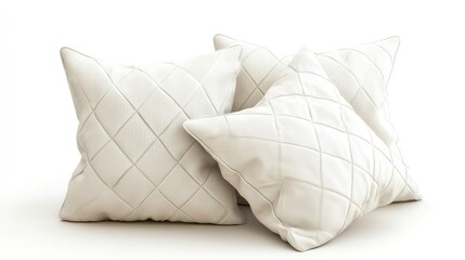 Three off-white quilted square pillows on white background.
