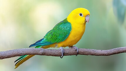 Obraz premium Colorful Parrot Sitting on Branch with Green Leaves in Soft Natural Light