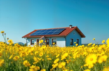 Modern house with solar panels on roof stands in field of yellow flowers under clear blue sky. Eco-friendly, sustainable design of residential building. Energy-efficient technology visible. Sunny