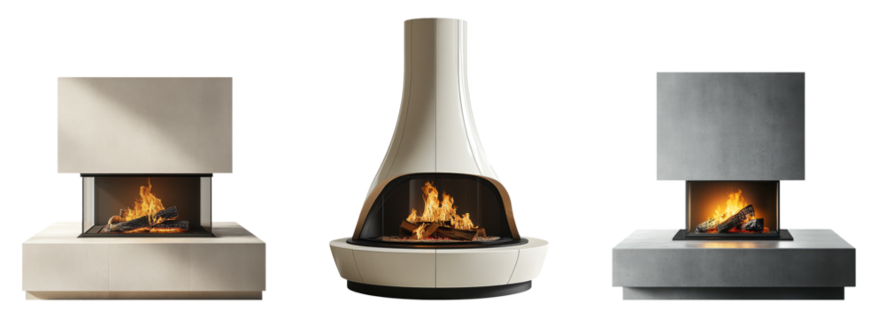 Modern fireplace designs isolated on transparent background showcasing elegance