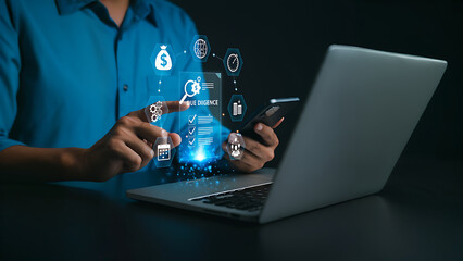 Modern Due Diligence Concept .Businessman Performing Due Diligence with Digital Checklist and Laptop ,legal ,corporate compliance and digital transformation ,Analysis, Technology ,Management .