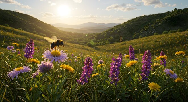 Ultra-realistic image of a bee hovering over a vibrant wildflower in a lush valley during the day. The valley is surrounded by rolling hills, with the sun shining brightly, casting natural light acros