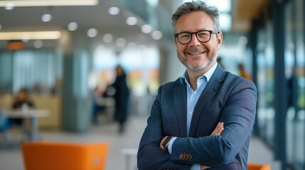 Fototapeta premium A confident businessman stands with crossed arms and a smile in a contemporary office space filled with professionals engaged in discussions and teamwork