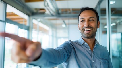 A male corporate executive gestures actively while engaging with his colleagues in a bright, modern office space. The atmosphere is filled with energy and collaboration