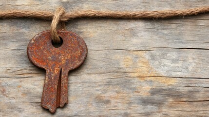 Rusty Key Hanging on Twine Against Weathered Wooden Background