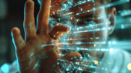 An executive is intensely focused, interacting with virtual data streams. This moment captures the essence of innovation and technology in a corporate environment