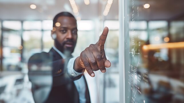 A corporate executive in formal attire interacts with a large touchscreen display in a contemporary office setting, analyzing data and strategizing with focus