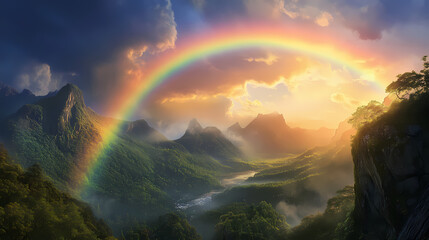 Majestic rainbow arching over a verdant mountain valley at sunset. Rainbow Valley. Illustration