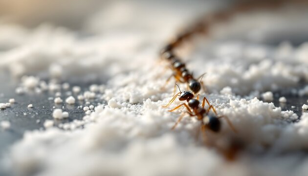 Realistic image of a trail of ants marching in a line across a surface covered with a dusting of sugar. The ants are sharply in focus, with a clear view of their segmented bodies and antennae. The sug