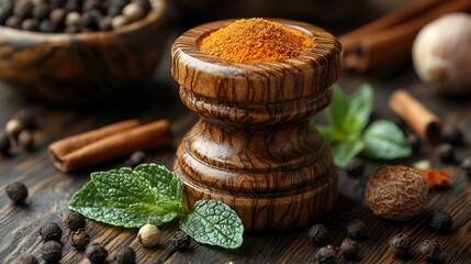 Turmeric powder, spices, mint, wooden bowl, dark background, cooking ingredient