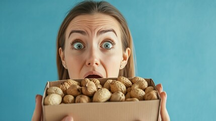 Surprised woman holding box of mixed nuts against blue background, concept of allergy