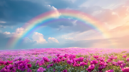 Rainbow above flowering fields, hyperrealistic photo. Rainbow Valley. Illustration