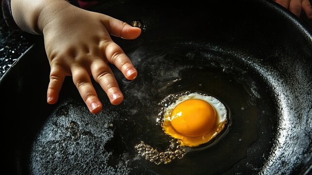 Child's hand reaching towards fried egg in pan, highlighting food allergy risk concept