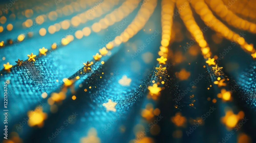 Canvas Prints three parallel rows of gold stars glowing softly on an electric blue bokeh backdrop.