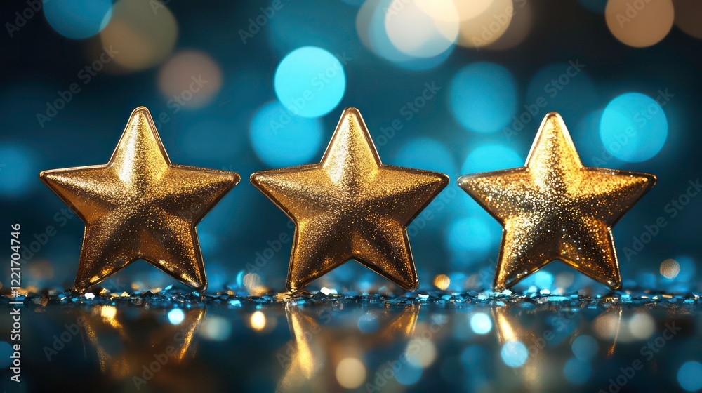 Canvas Prints three parallel rows of gold stars glowing softly on an electric blue bokeh backdrop.