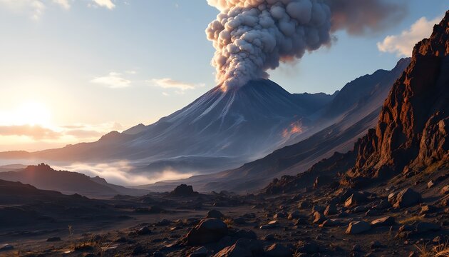 Hyper-realistic image of an active volcano in the early morning light, with the sun rising behind the mountain, casting a soft golden glow on the ash clouds. The volcano is smoking heavily, with a lar