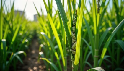 Obraz premium Close-up view of vibrant green sugarcane plant. Healthy stalks, leaves visible. Image highlights agricultural crop growing. Fresh, organic plant in rural setting. Natural sugar cane in field. Image