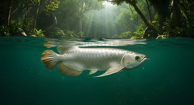 Hyper-realistic image of a majestic silver arowana swimming in a tropical river. The water is a deep emerald green, with shafts of sunlight piercing through the dense jungle canopy above, casting vibr