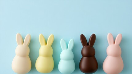 Chocolate eggs with bunny-shaped toppers on a pastel blue background
