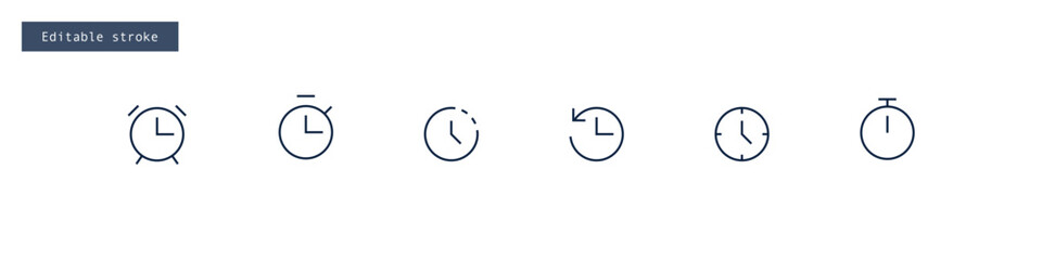 clock and time icon set. clockwise, time passing, stopwatch and timer icons , history or watch later sign with editable strokes